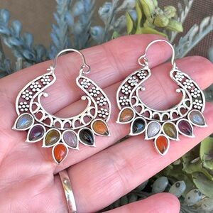 Multi Gemstone Sterling Silver Boho 1.8” Earrings
